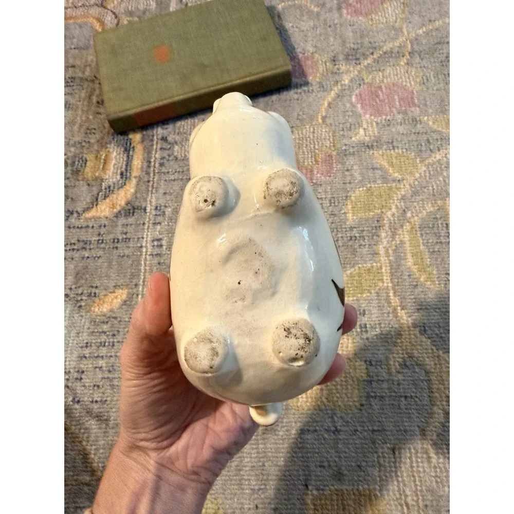 Vintage Ceramic Piggy Bank Hand Painted Pig Blue Eyes Brown Floral Mid Century